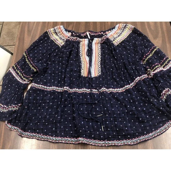 Free People Talia Top Size Large Boho Peasant Bell Sleeve Embroidered Oversized - Picture 1 of 12